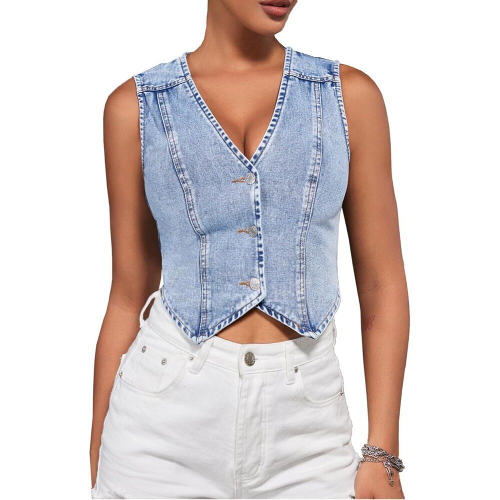 Women's Cropped Denim Vest Sleeveless Button-Front Western Country Top